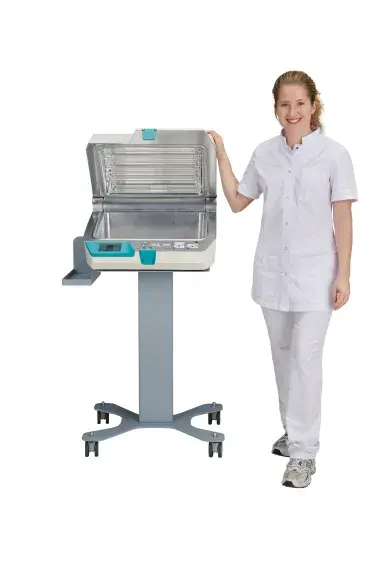 UV SMART D25 System on trolley beside female worker wearing all white